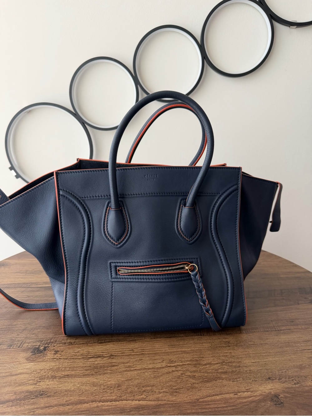 Celine phantom luggage tote navy leather orange trim